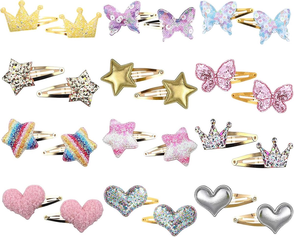 Thijox - 24 Stuks Haarspelden voor Meisjes - Glinsterende Kroon, Ster, Hart, Vlinder Haarklemmen - Kinder Haarstyling Accessoires van Leer en Paillett