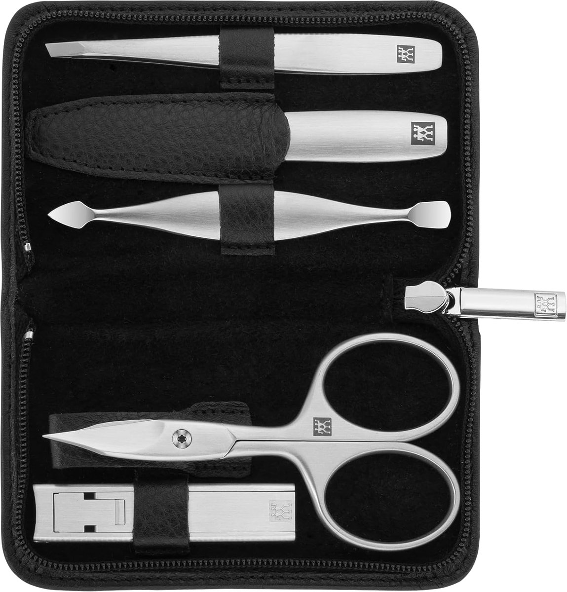 Thijox - 5-delige Manicureset met Jakleren Etui, Ritssluiting, Compacte Nagelknipper, Nagelvijl, Pincet en Nagelriemduwer, Premium Zwart, Ideaal voor
