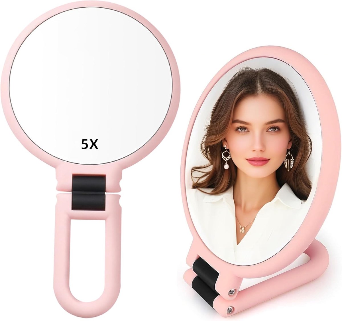 Thijox - 5X Vergrootspiegel met Draaibaar Handvat, Dubbelzijdig Opvouwbaar, Handspiegel voor Make-up, Scheren en Reizen, Ideaal voor Tafel en Bureau,
