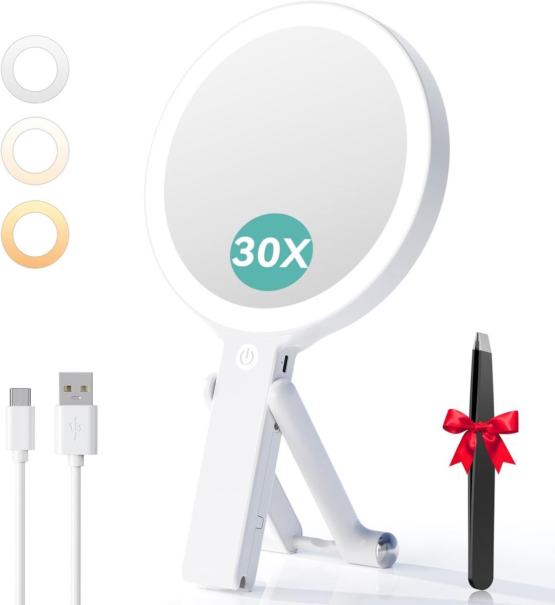 Thijox - Draagbare Make-Up Spiegel met Verlichting, Dubbelzijdig 30X/1X Vergrotende Spiegel, Oplaadbaar 2000mAh, Dimbare LED Verlichting voor Reizen,