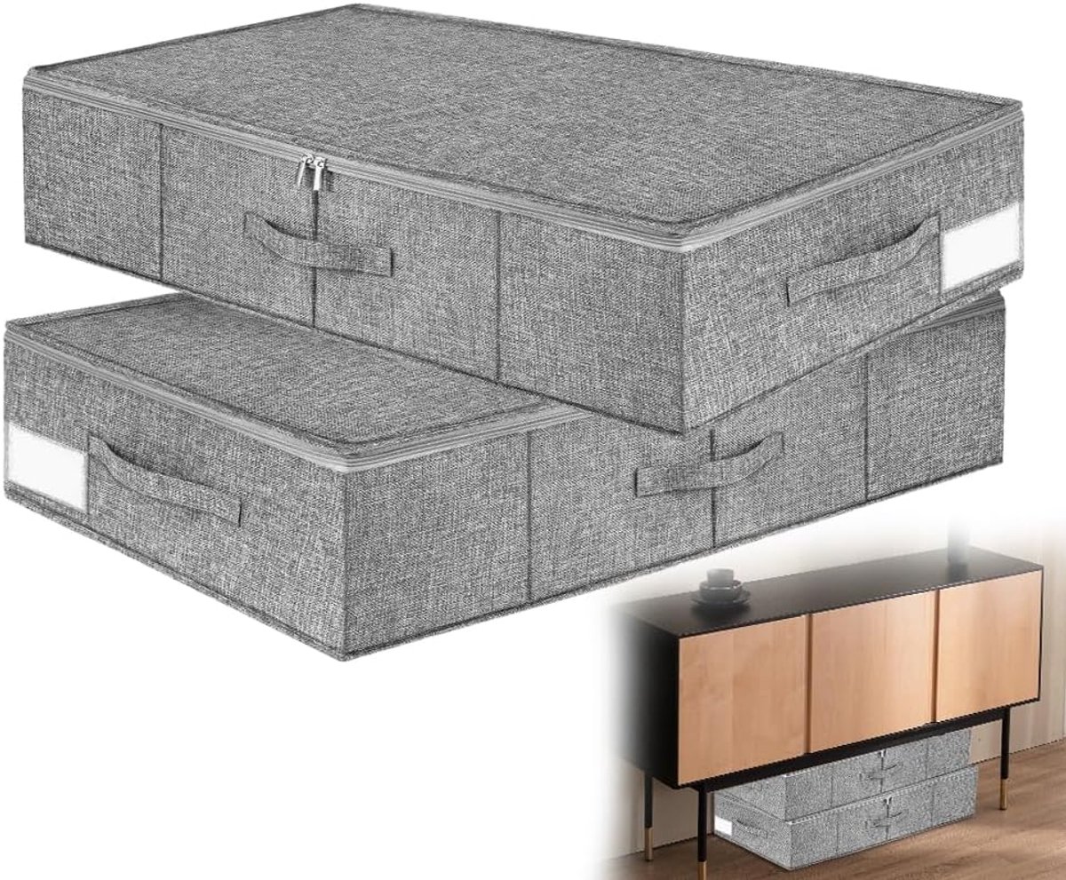 Thijox - Set van 2 Opbergdozen Onder Bed met Deksel, Waterdicht, 12 cm Hoog, Opvouwbare Stoffen Kledingopbergtas met 3 Handgrepen voor Kussen en Tuin