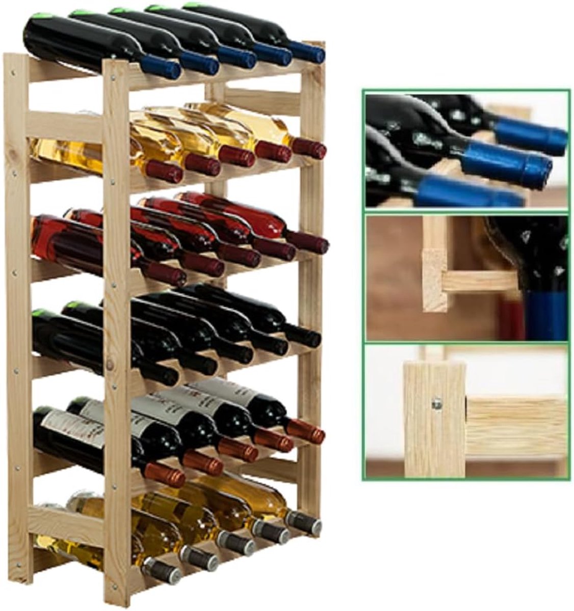 SnelShoppen - Houten Wijnrek - Flessenrek voor 30 Flessen - 86x53.5x25cm - Stapelbaar en Modular - Perfect voor Keuken, Woonkamer of Feest
