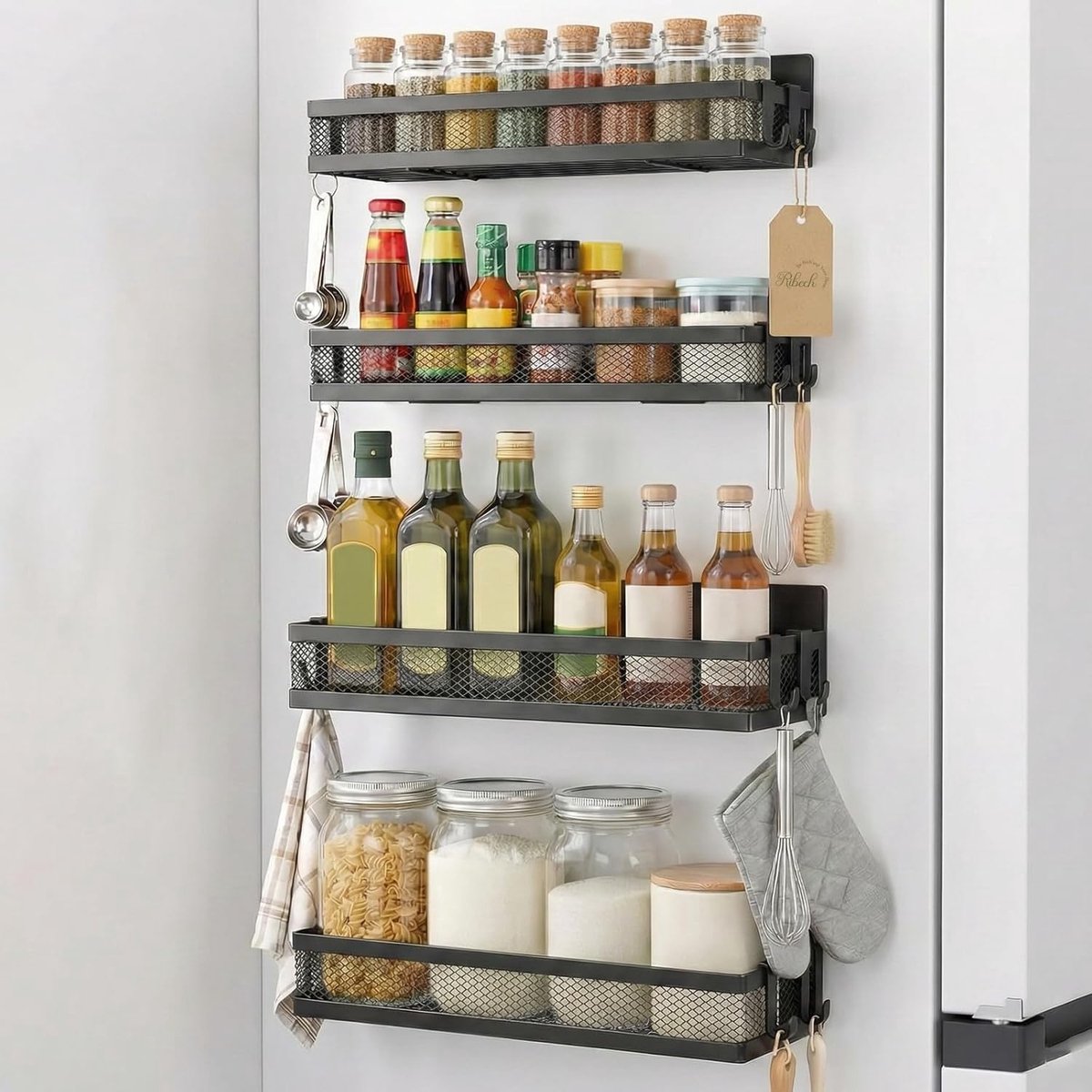 SnelShoppen - Magnetisch kruidenrek voor koelkast, 4 stuks, keuken organizer met 8 haken, flexibel en ruimtebesparend voor kruiden en keukengerei