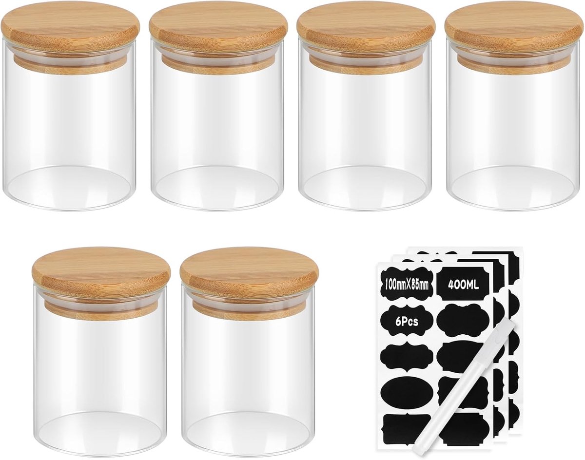 Thijox - Set van 6 Luchtdichte Glazen Potten 500 ml met Bamboe Deksel - Opbergpotten voor Keuken - Doorzichtige Kruiden- en Voorraadpotten met Etikett