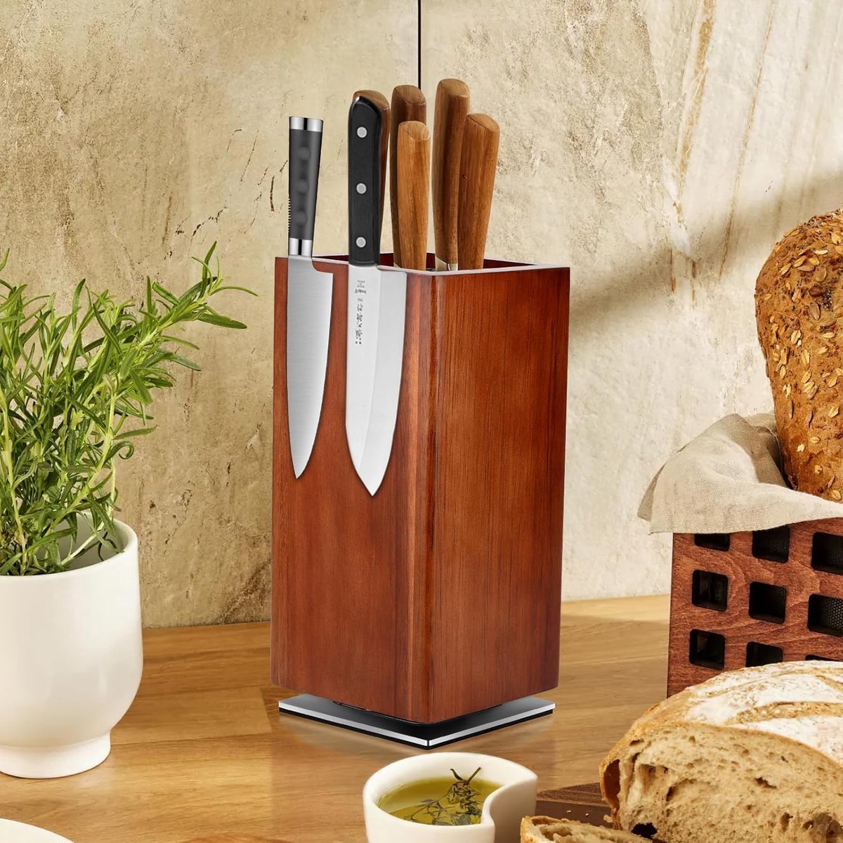 Thijox - Magnetisch Messenblok 360° Draaibaar - Houten Messenhouder 25x12 cm - Ideaal voor Keuken - Messenstandaard zonder Messen