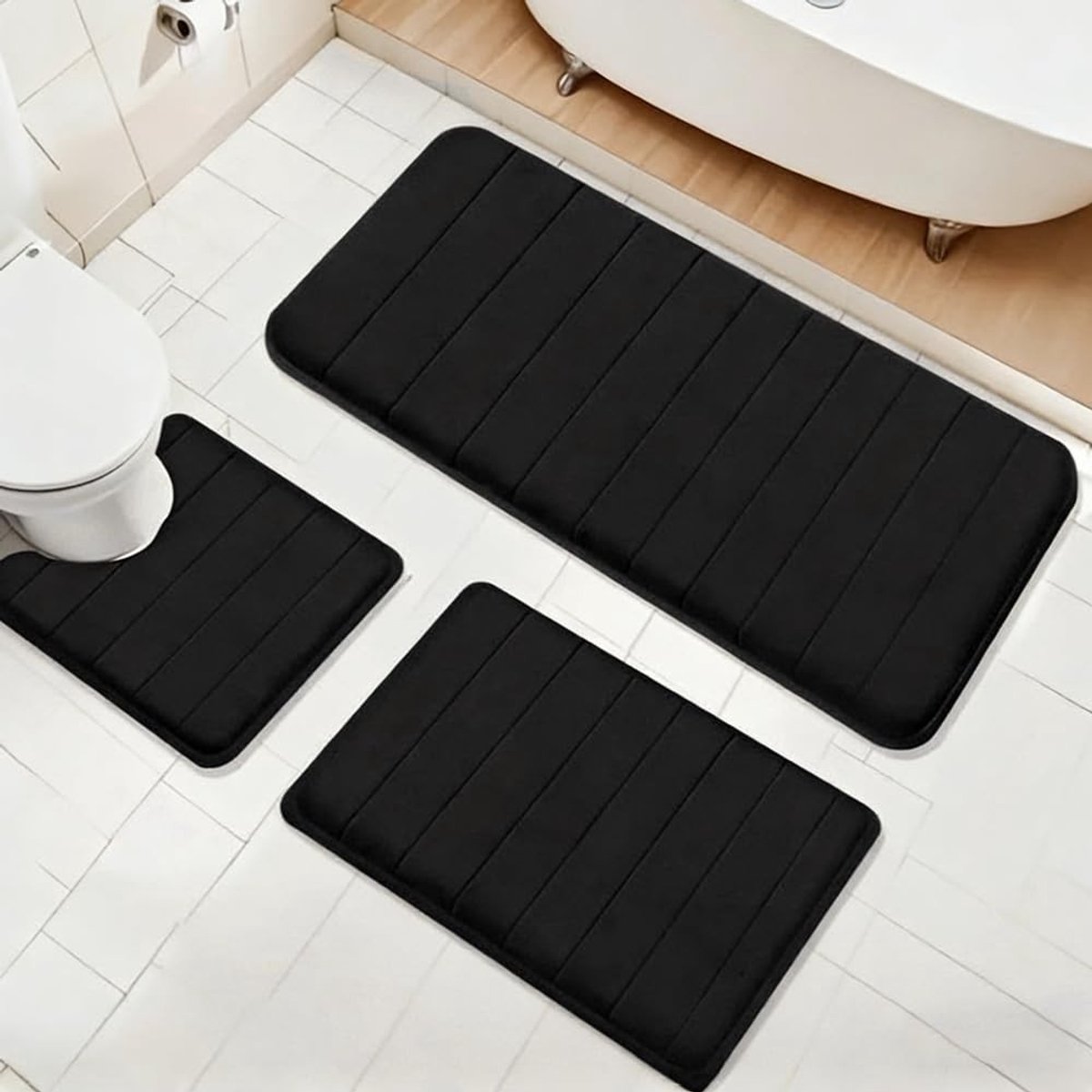 Dailygoods - Badmat, 3 stuks, zachte traagschuim-badmat en U-vormige wc-mat, antislip, absorberend, wasbaar, zacht en sneldrogend, badkamertapijt voor douche, toilet, badkuip (zwart)
