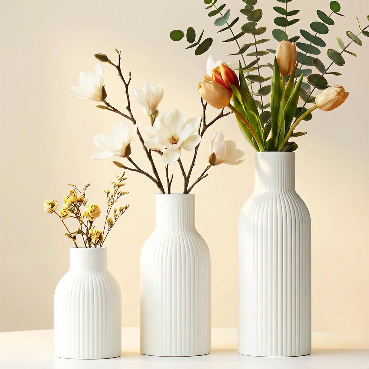 SnelShoppen - Set van 3 Witte Keramische Vazen, Scandinavisch Design voor Droogbloemen en Pampas, Moderne Tafeldecoratie voor Minimalistische Woonkame