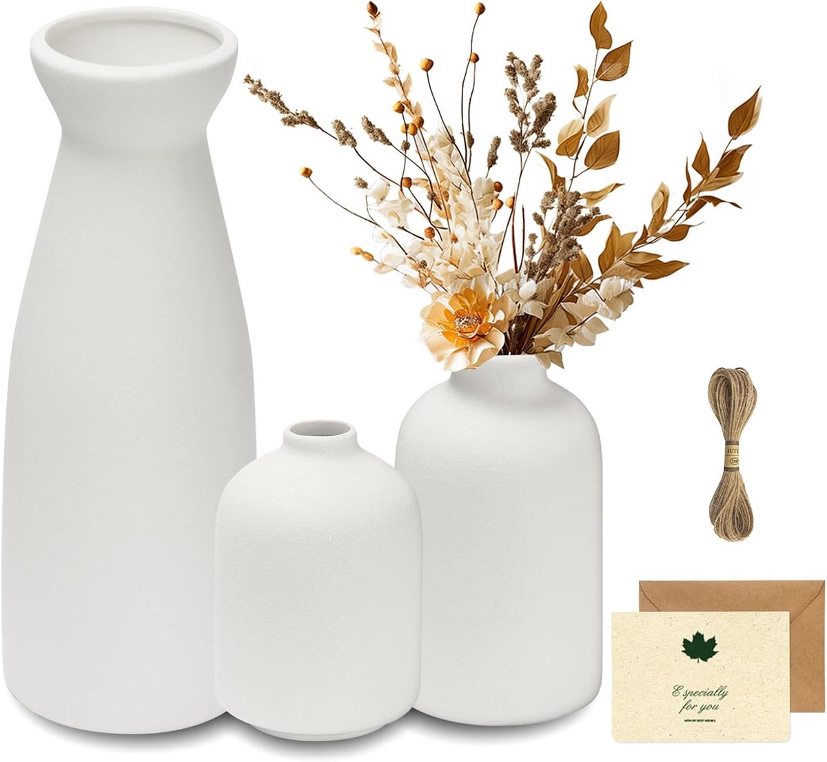 Thijox - 3 Set Witte Keramische Vazen - Decoratieve Vazen voor Pampasgras, Droogbloemen en Verse Bloemen - Moderne Boho Home Decor voor Eettafel, Kant