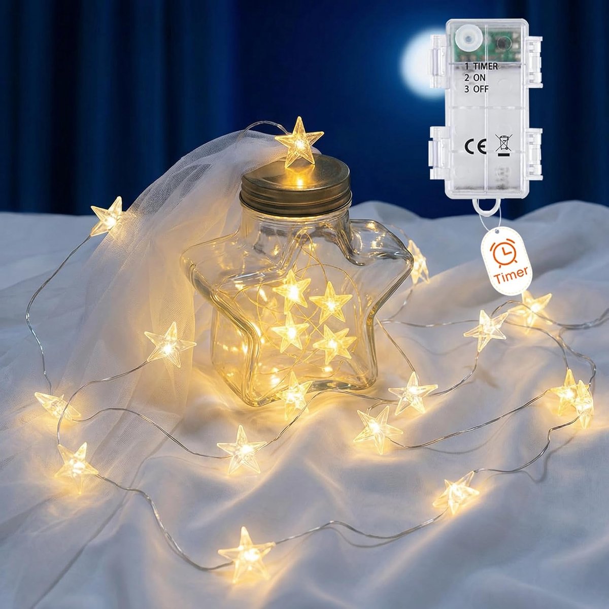 Thijox - Batterij Star Fairy Lights 2M, 20Leds Zilverdraad String Lights IP65 met Timer voor Kerst, Verjaardag, Valentijnsdag, Feest, Slaapkamer, Binn
