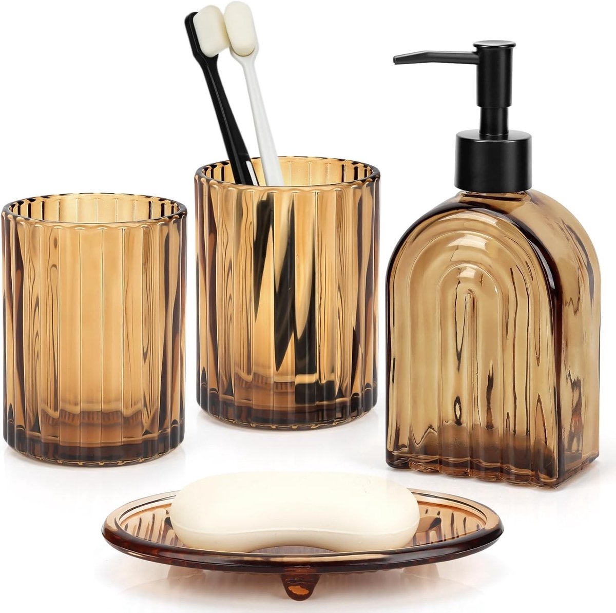 Complete badkamer set van 4 stuks - 400 ml dispenser, zeepbakje en tandenborstelhouder voor een stijlvolle badkamer