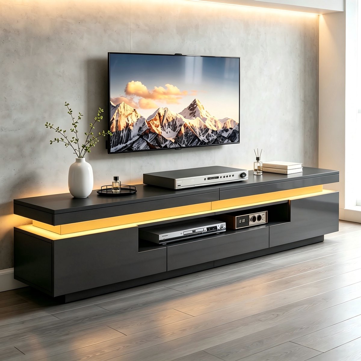 KOMHTOM TV-meubel - Zwart Hoogglans - 175x38x45 cm - Met LED Verlichting - 2 Kasten en 1 Lade - Lowboard - Geschikt voor 75 Inch TV - Woonkamer - Modern Design - Met Opbergruimte