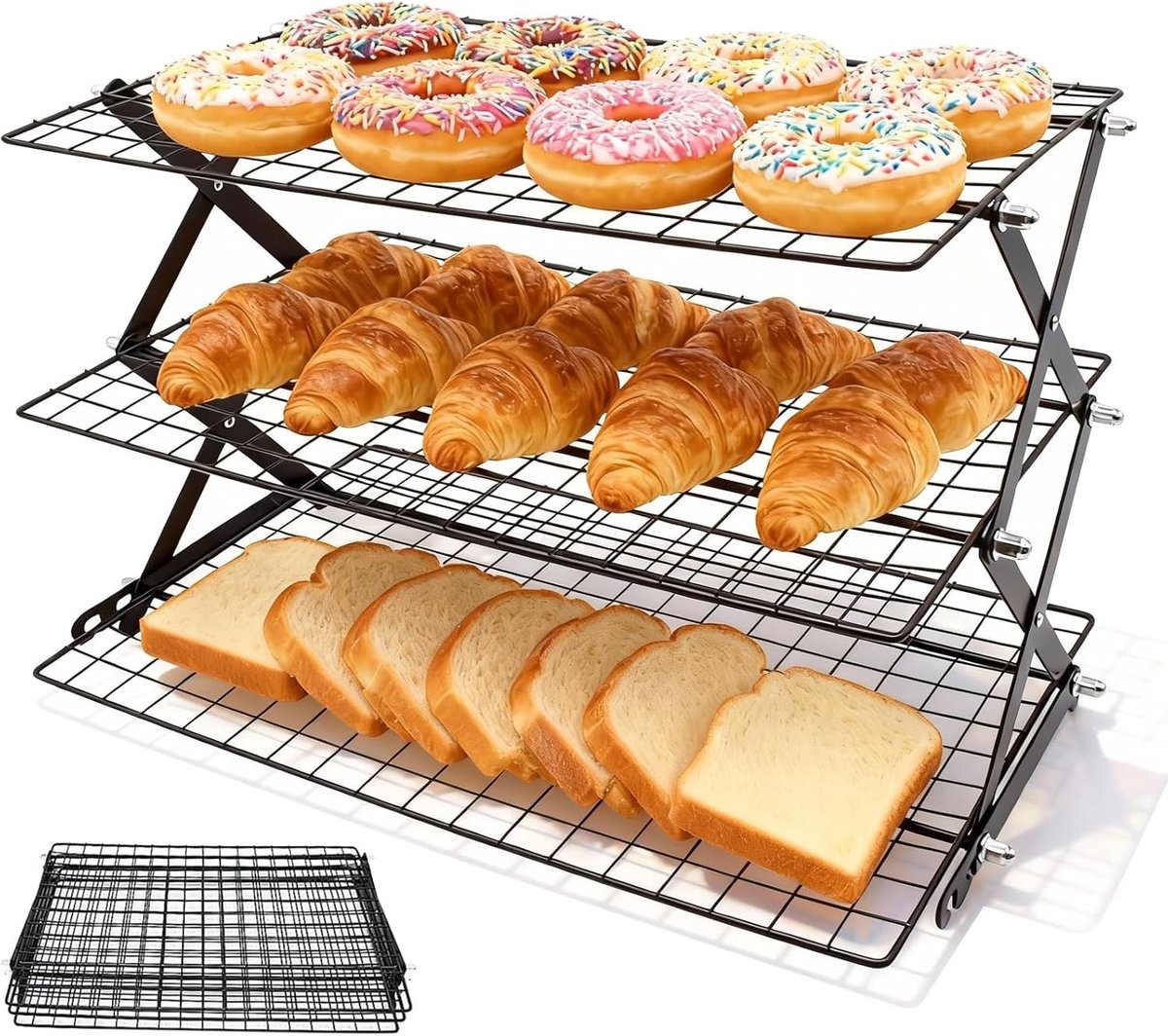 3-laags Vouwbare Koelrek met X-Design van IJzer voor Taarten, Koekjes en Brood - 43,5 x 25 cm