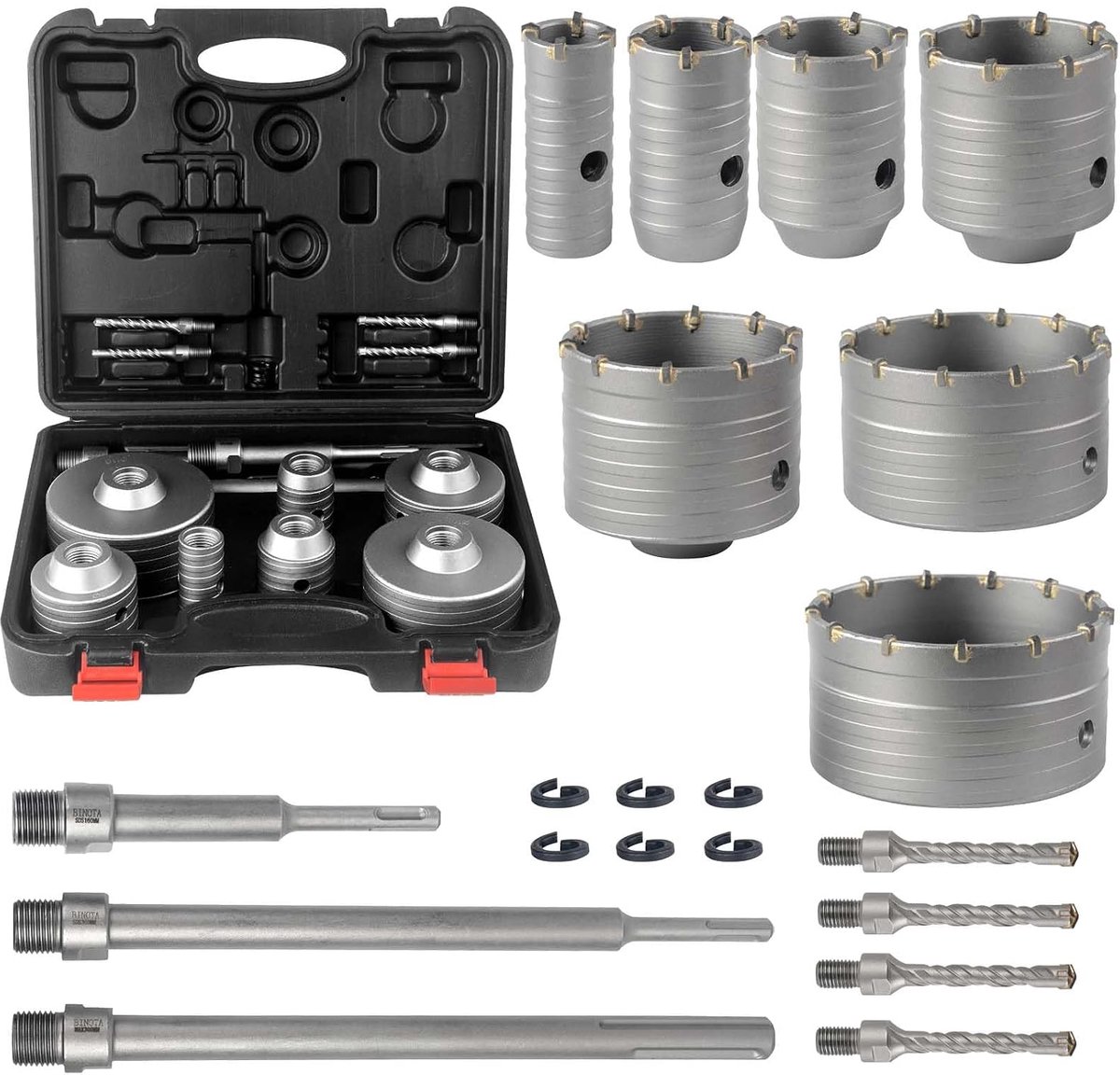Thijox - 16-delige Gatenzaag Set voor Beton en Steen (40-130 mm) - Hardmetalen Kernboor Set met SDS-Plus & SDS-MAX Schachten, Kruisvormige Centreerboo