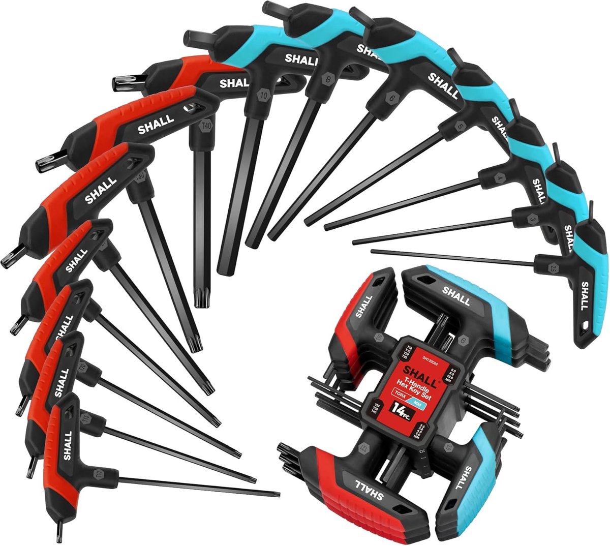 Thijox - 14-delige T-handle inbussleutelset voor auto- en fietsreparaties, 7 metrisch + 7 Torx sleutels, inclusief opbergrek, ideaal voor thuisklussen