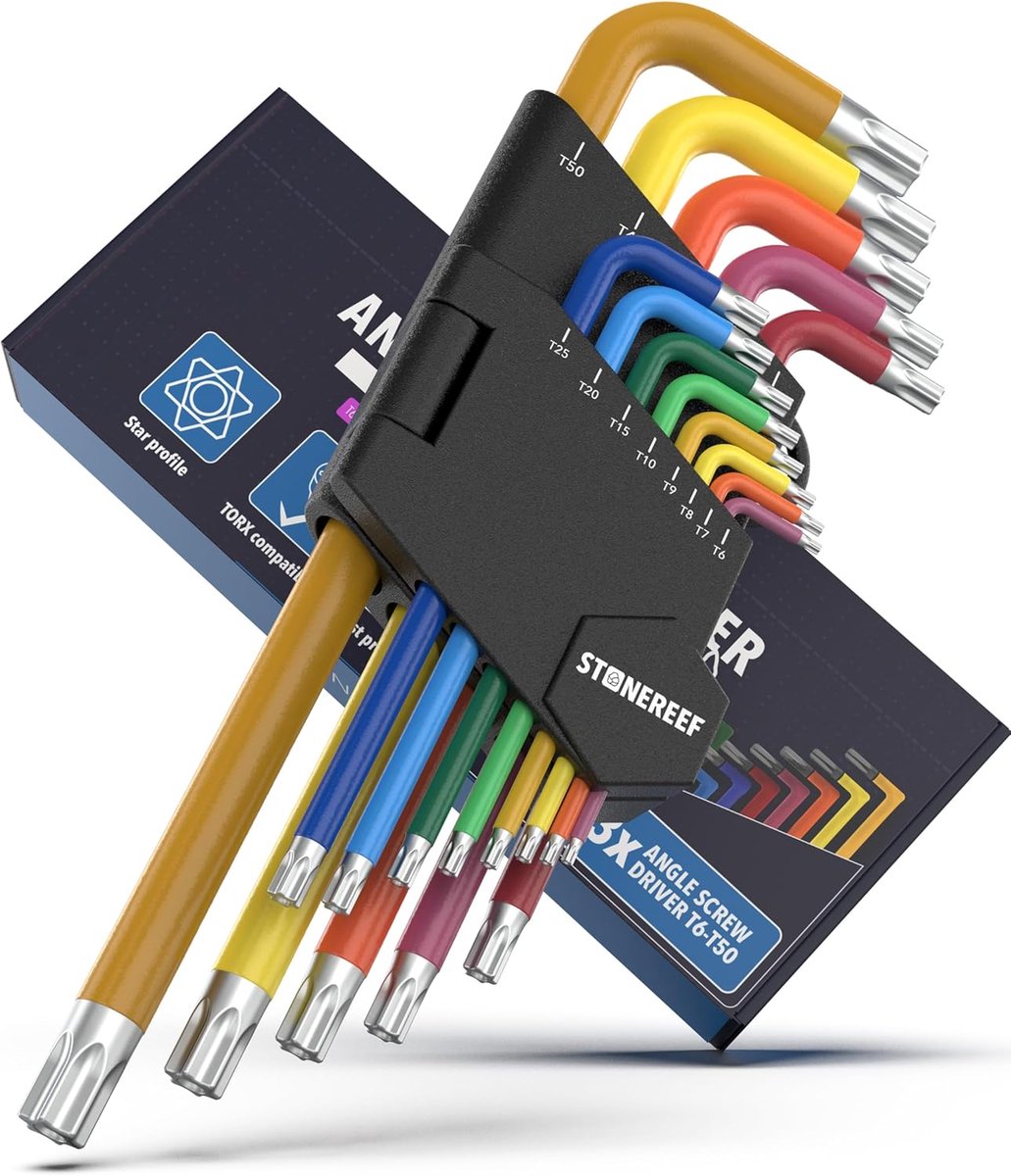 Thijox - Hoekschroevendraaierset 13-delig T6-T50 mm, multicolour zesronde sleutel met kogelkop, compatibel met torx-schroeven, inbussleutel en moments