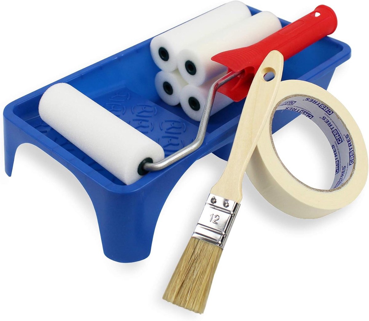 Thijox - Kleine verfroller set met 5 schuimstofreserveonderdelen 11 cm, verfbak, penseel en afdektape voor professioneel schilderen in huis, tuin en o