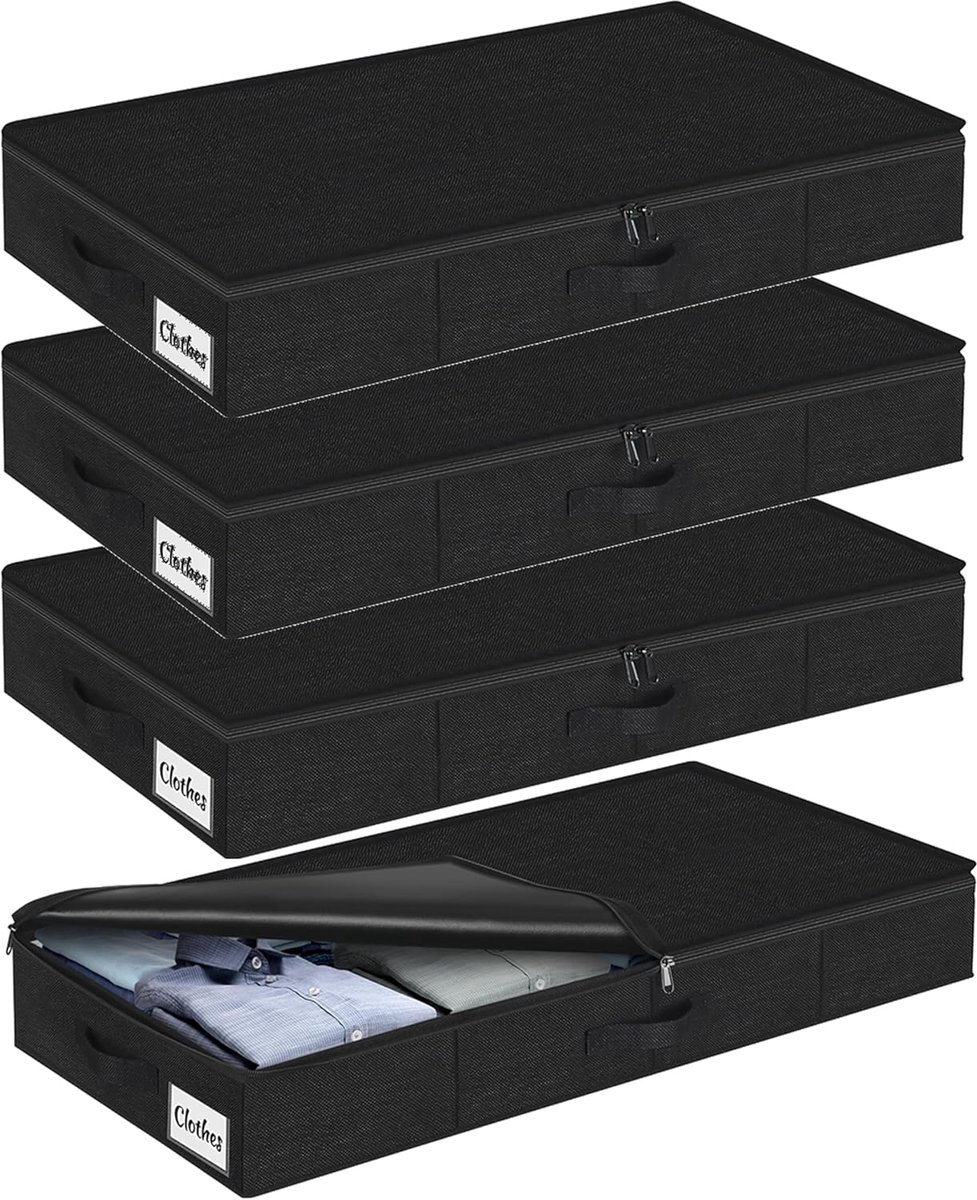 Thijox - Opbergdoos voor Onder het Bed met Deksel, 12 cm Hoog, 4 Stuks Opvouwbare Onderbedcommode, Wasbare Kledingopslag met Ritssluiting en 3 Handgre
