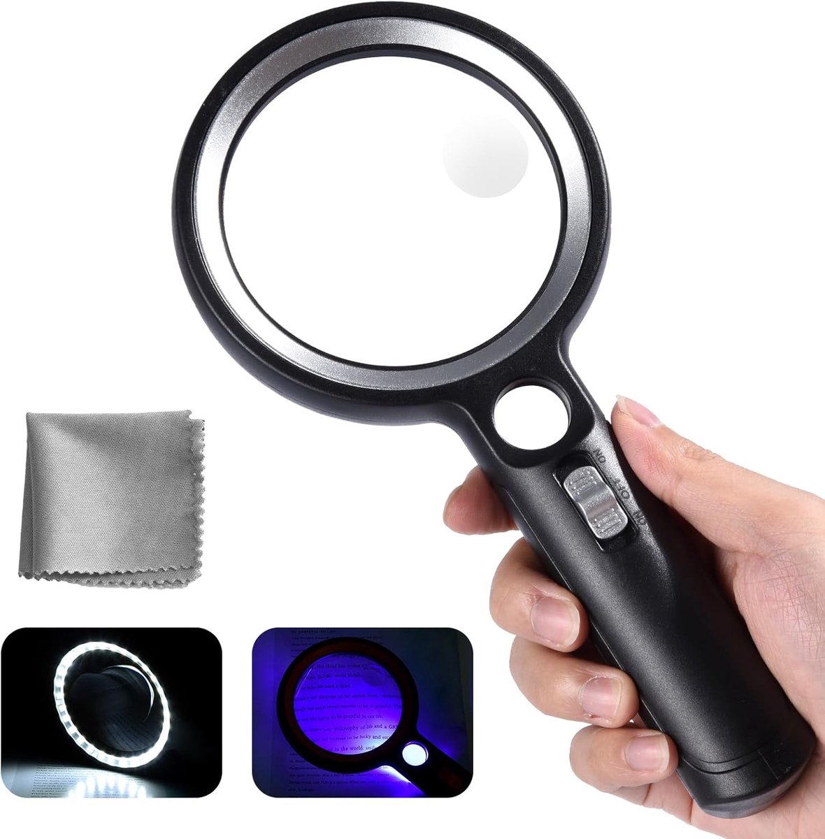 SnelShoppen - Vergrootglas met 30 LED's, 30x 45x 60x Vergroting, Handheld Loupe voor Lezen, Inspectie, Hobbies, Ideaal voor Senioren, Zwart Zilver