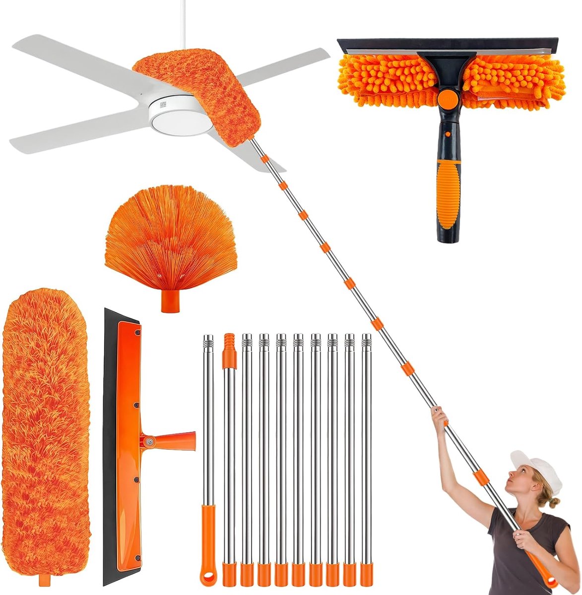 Thijox - Telescopische Stofdoek en Spinnenwebbezem 4,3 m - Uittrekbare Stang van 43 cm tot 430 cm - 2-in-1 Stofwisser en Raamwisser voor Ramen, Plafon