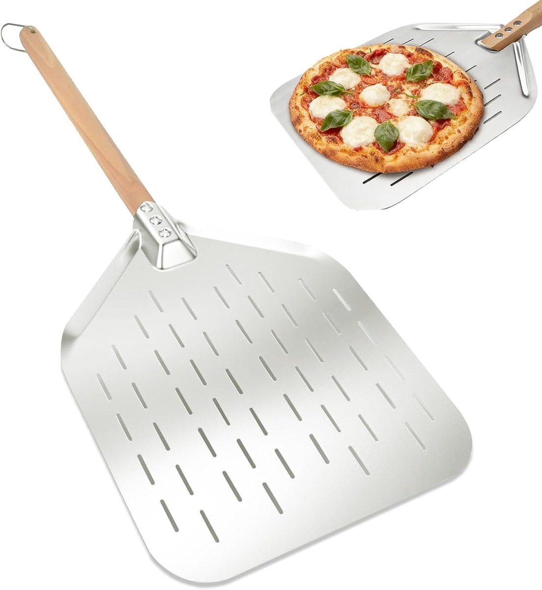 Thijox - Professionele Pizzaschep 40x30 cm Geperforeerd RVS met Houten Handgreep - Ideaal voor Zelfgebakken Pizza's, Tuinfeest, Keuken en Camping