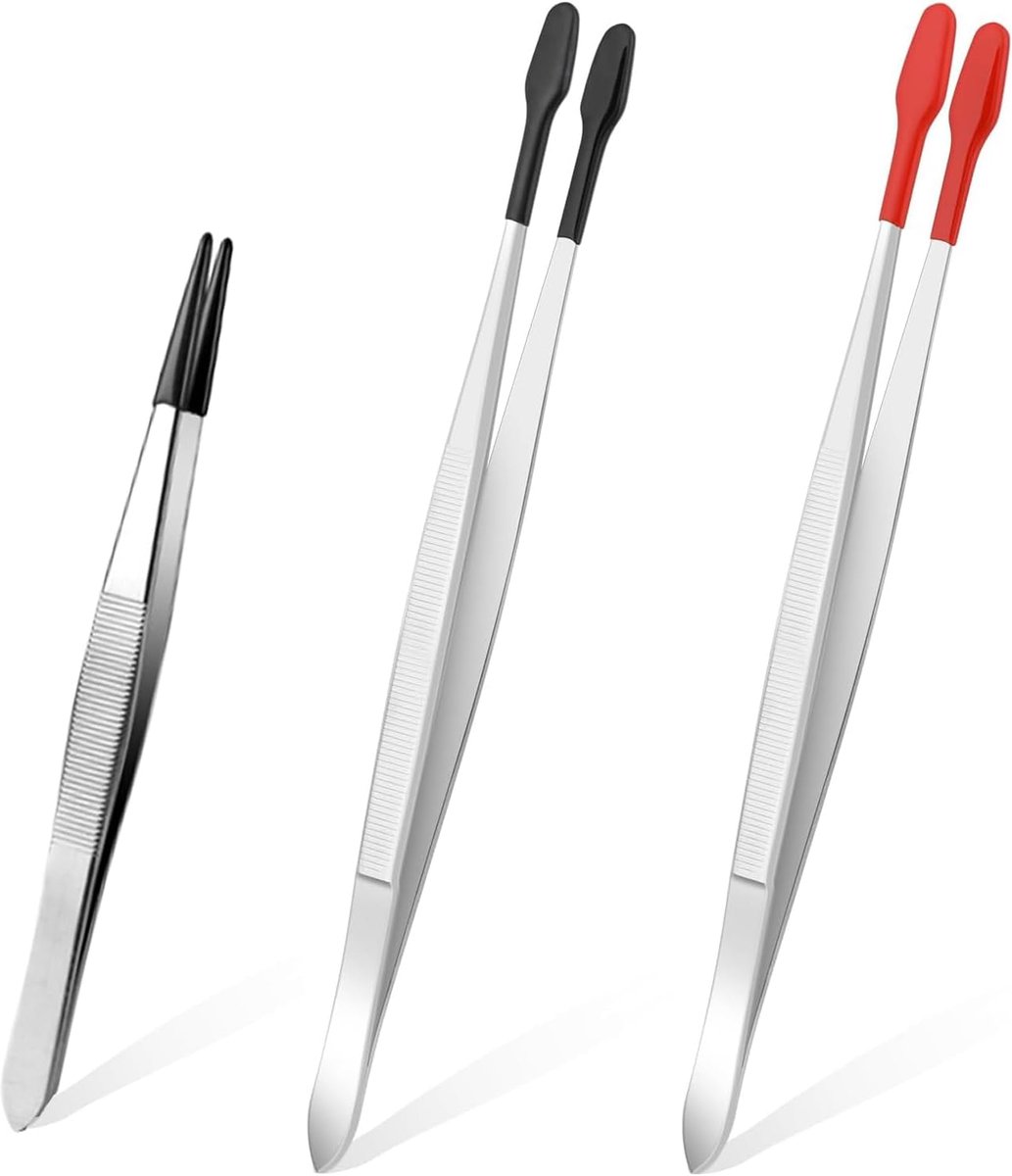 Thijox - 3 Stuks Antislip Pincetten met Rubberen Punten - Kunststof Pincet met Platte Punt - Ideaal voor Laboratorium, Sieraden, Handwerk en Postzegel