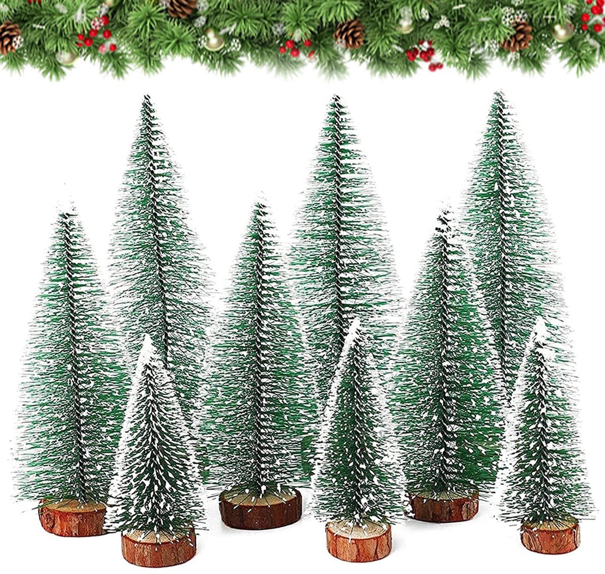 Dailygoods- Mini Kunstkerstboom 10/16/20 cm - Kunstkerstboom - Tafeldecoratie - Houten Sokkel - Kerstfeest - Set van 9 Stuks - Kerstboom