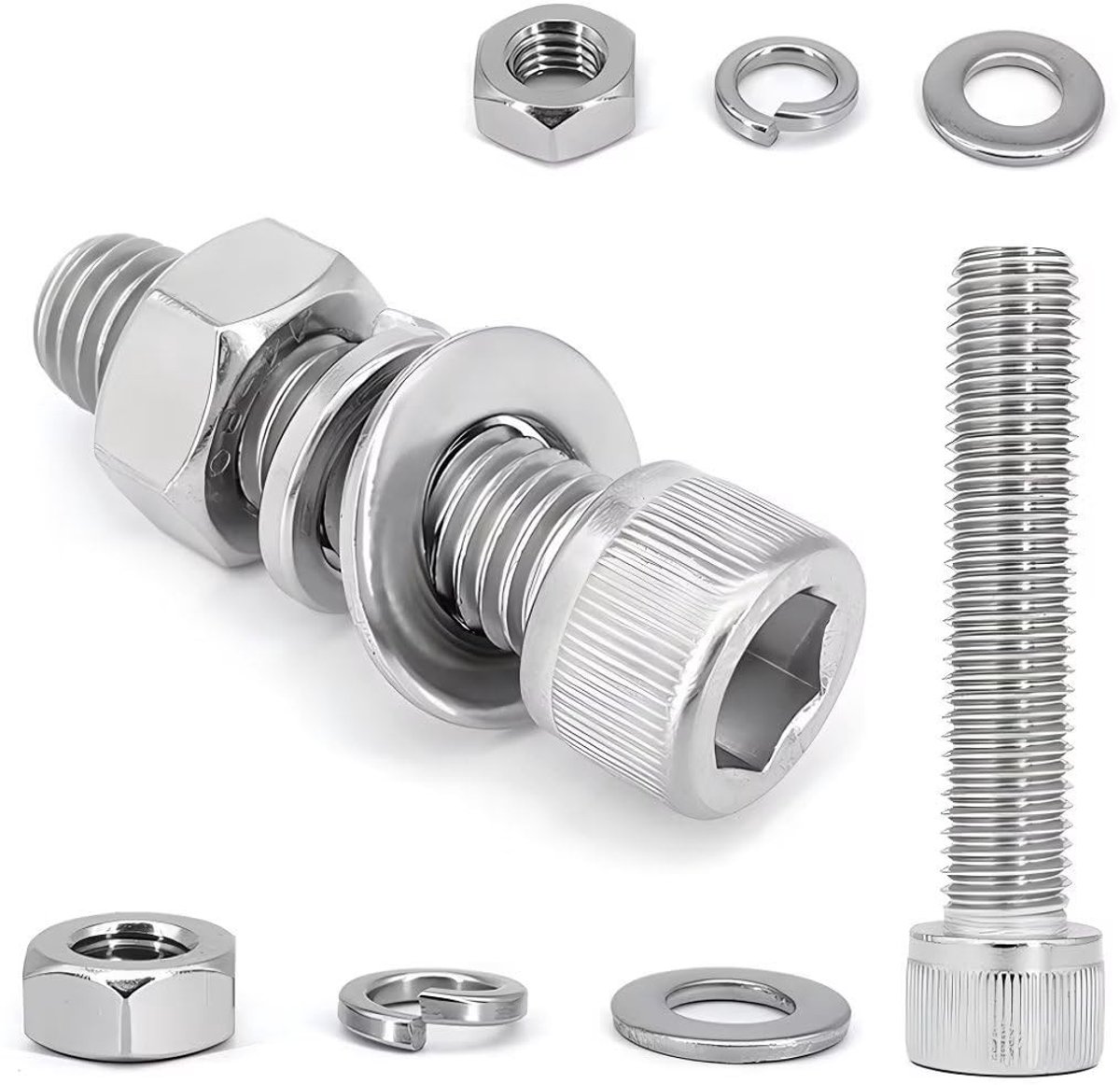 Dailygoods- Schroeven set roestvrij staal - Inbusschroeven - Zeskantmoeren - Veerringen - Sluitringen - 4 in 1 set - Schroefset
