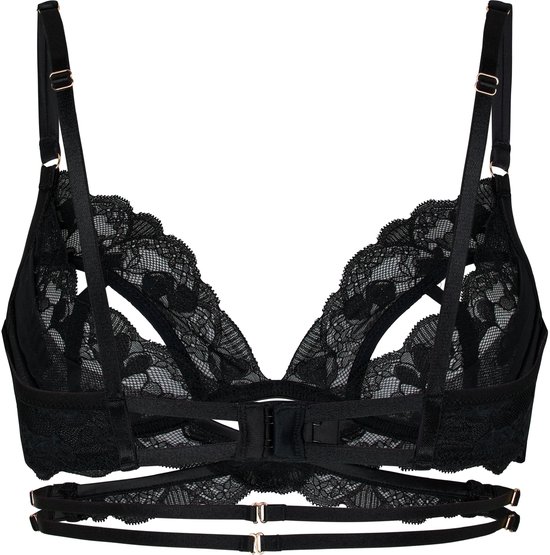 Zwarte kanten bralette met bandjes en een open voorkant. Goudkleurige details.