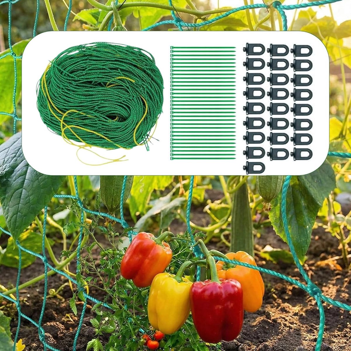 Klimplantennet 2 x 5 m voor Komkommers, Tomaten en Erwten met 50 Bevestigingen - Ideaal voor Groentetuin en Serre