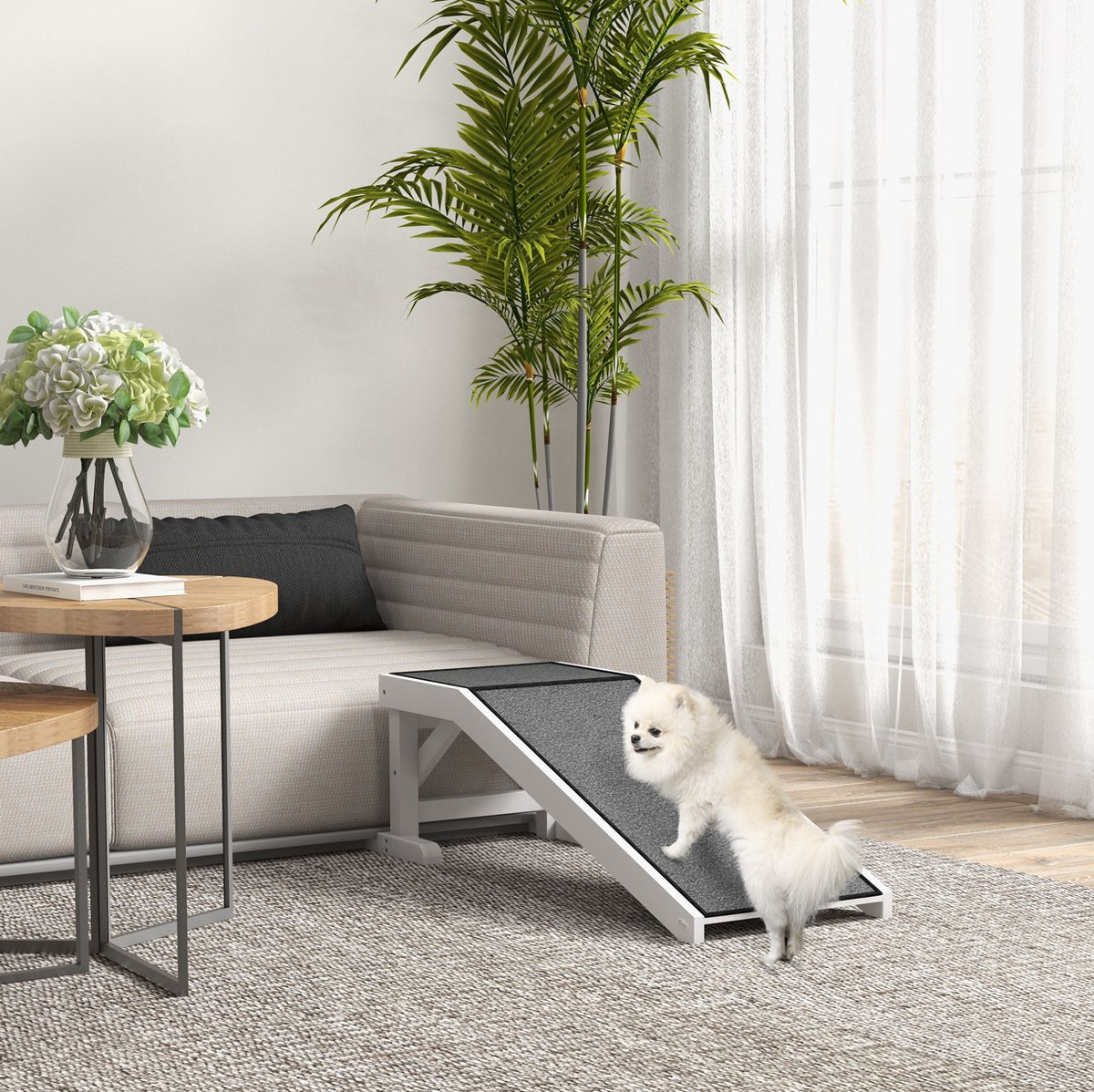 MEUNIQ Hondenloopplank voor dieren 125 x 40 x 35,5 cm met antislip polyester bekleding en platform, huisdierenhelling tot 30 kg voor bank, wit en grijs