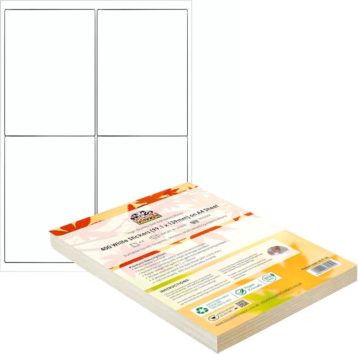 Thijox - Double Dragon Zelfklevende Adresetiketten A4 - 4/Vel, 100 Vellen (400 Etiketten), 99,1x139mm, Wit, Gemakkelijk Verwijderbaar voor Inkjet/Lase