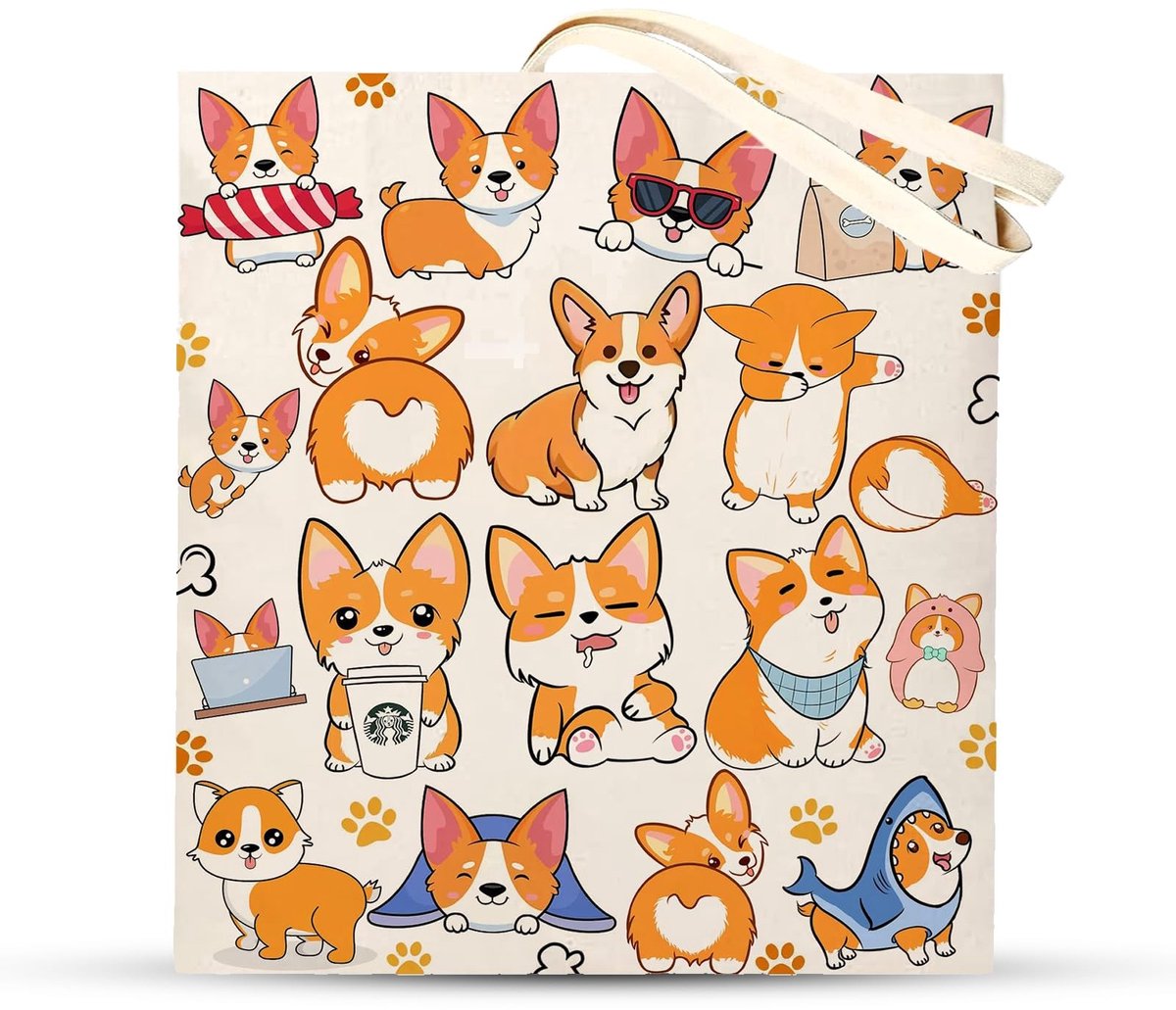 Dailygoods - Beige Corgi Canvas Draagtas met Print - Praktische Tas voor Hondenliefhebbers