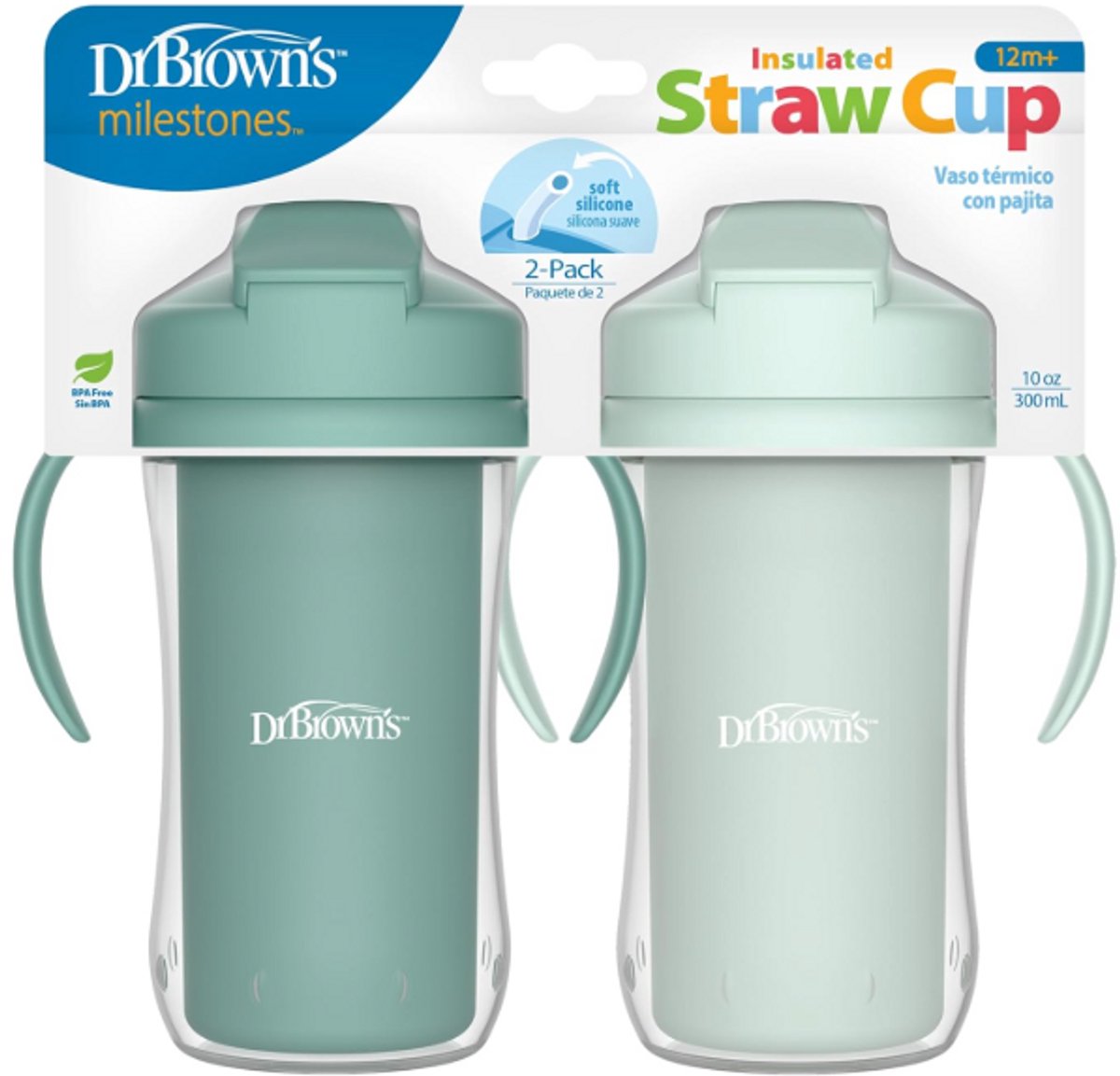 Dr. Brown's Milestones Geïsoleerde Rietjesbeker 300 ml (Groen) – Lekvrije Drinkbeker met Handgrepen, Schuifdeksel & Zacht Siliconen Rietje – BPA-vrij – Vanaf 12 Maanden