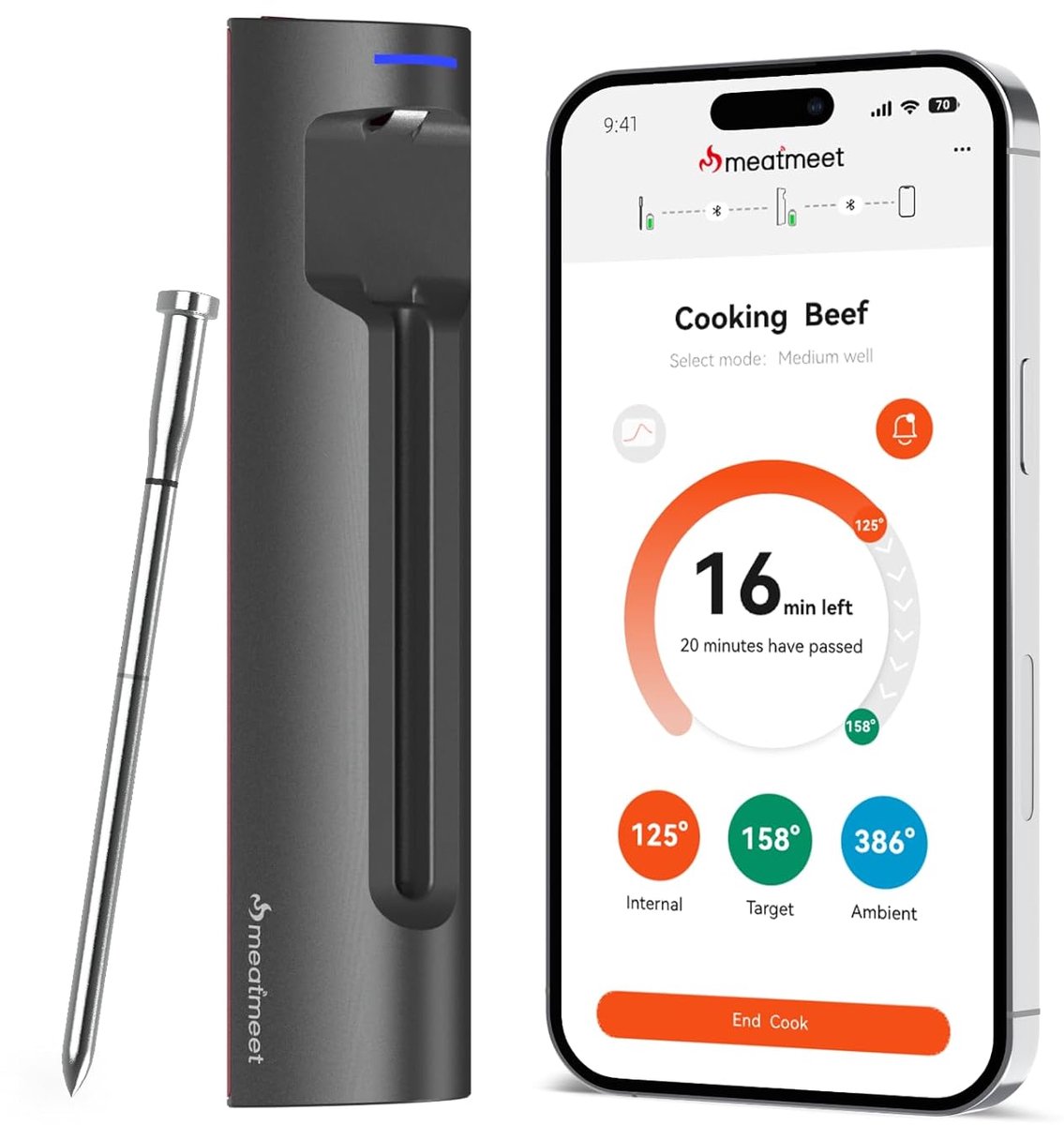 SnelShoppen - Draadloze Vleesthermometer met Bluetooth, 6 Temperatuursensoren, ± 0,1 °C Nauwkeurigheid, Waterdicht en Oliebestendig, Ideaal voor Keuke