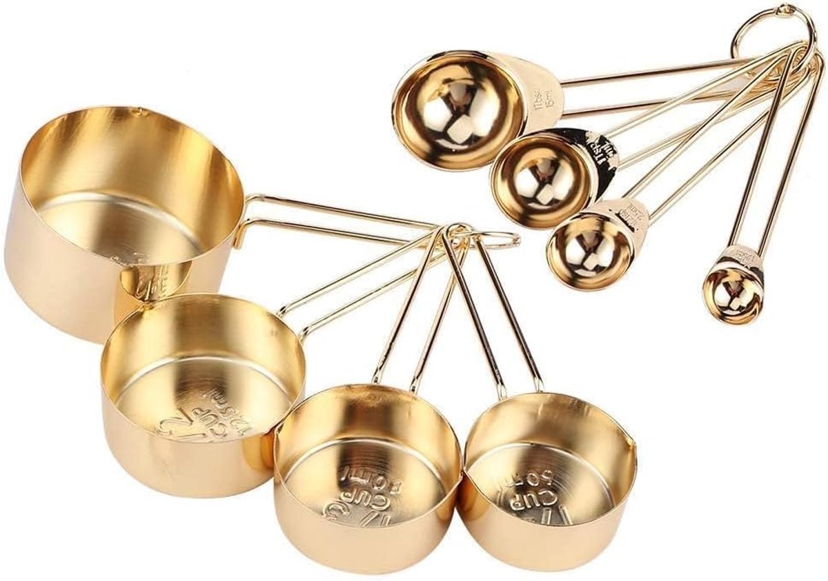 Thijox - Set van 8 Draagbare Gouden Maatlepels en Bekers – Metalen Maatlepelset voor Koken en Bakken, Afneembare Ring, Handvat om op te Hangen, Keuken