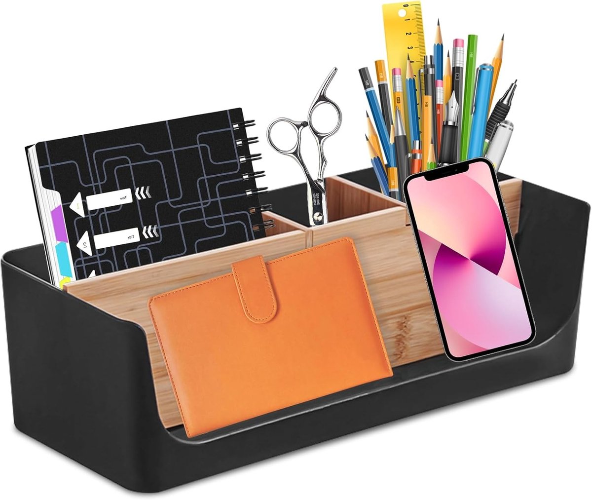Multifunctionele Bureau Organizer met 4 Compartimenten voor Telefoon, Pennen en Cosmetica - Houten Desk Organizer en Briefbakje