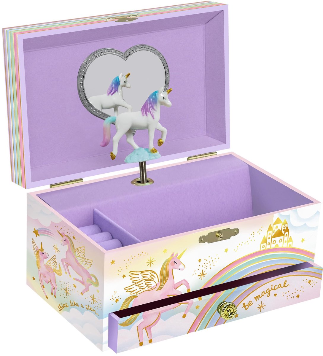 Dailygoods- Sieradendoos Muzikaal - Eenhoorn - Juwelendoos voor Meisjes - Verjaardagsgeschenk - 18,2 x 13,3 x 9,9 cm - Stevig Grenen Vezelplaat