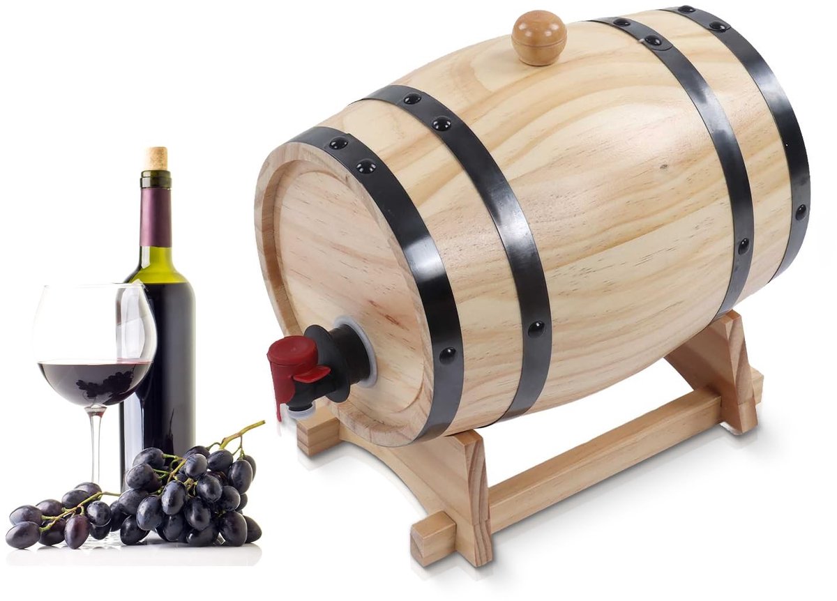 Dailygoods- Wijnvat - Houten wijnvat 3L - Lekvrije opslagemmer - Beugelmontageset - Roestvrij staal - Duurzaam en milieuvriendelijk - Wijnemmer