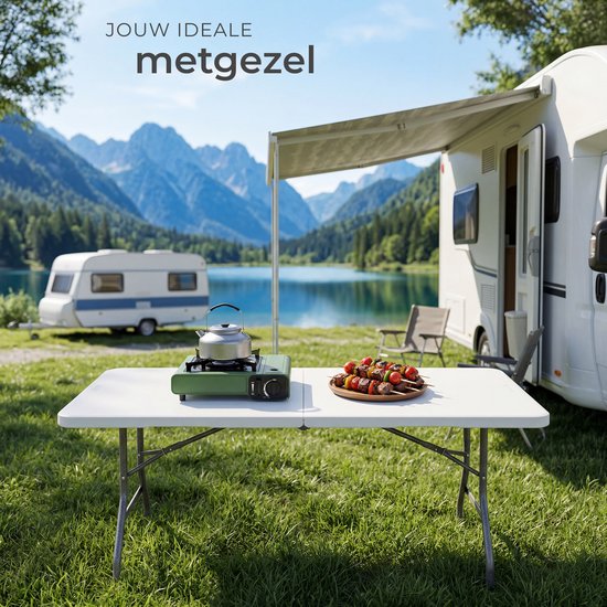 tectake® Inklapbare Campingtafel - 180 x 70 x 74 cm - Kampeertafel - Picknicktafel - Tuintafel - Weerbestendig - Buffettafel - Met Draaggreep - Wit van TecTake — afbeelding 4