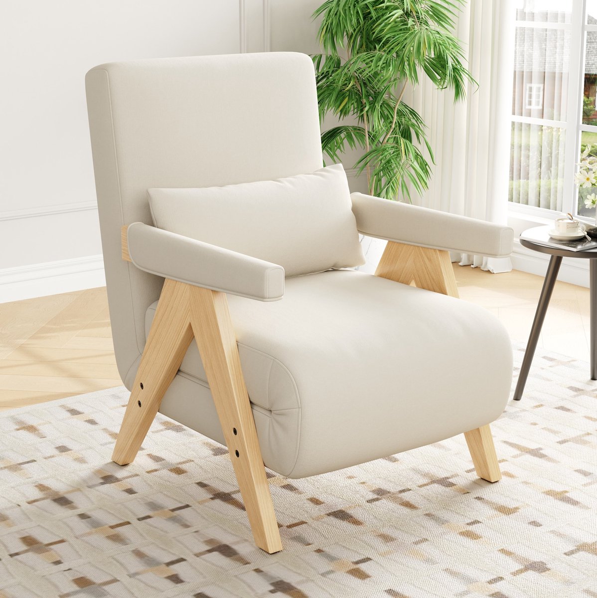 MIVRAY Fauteuil 64 x 60 x 87 cm - 3 in 1 Slaapfunctie met 6 Standen Rugleuning - Voor Woonkamer, Slaapkamer en Kantoor - Linnen Beige