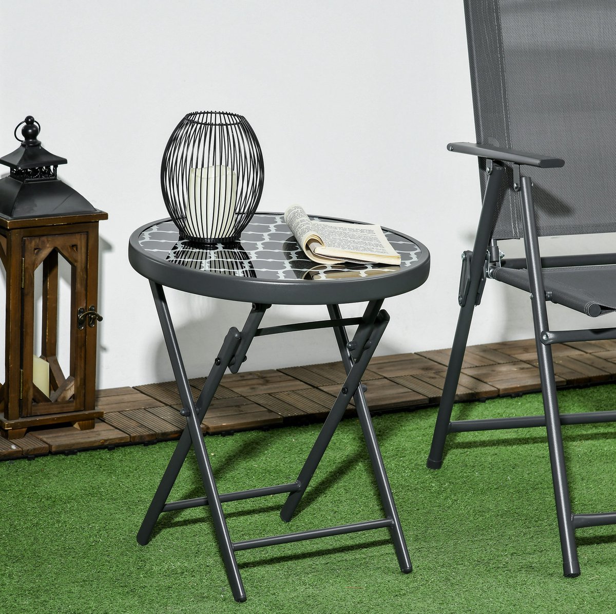 MEUNIQ opklapbare tuintafel bijzettafel rond 45 x 50 cm met glazen tafelblad en metalen frame voor balkon, tuin, terras, picknick en camping zwart