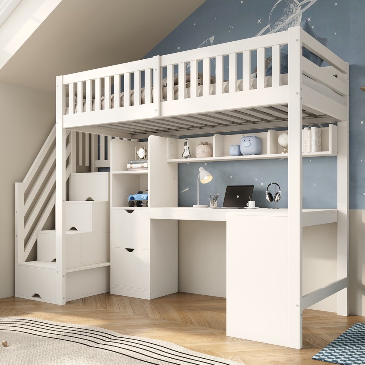 KOMHTOM Hoogslaper voor Kinderen - Wit Houten Bed 90x200 cm - Met Trapkast en Hoekbureau - Opbergruimte en Lades - Ruimtebesparend Kinderbed - Zonder Matras