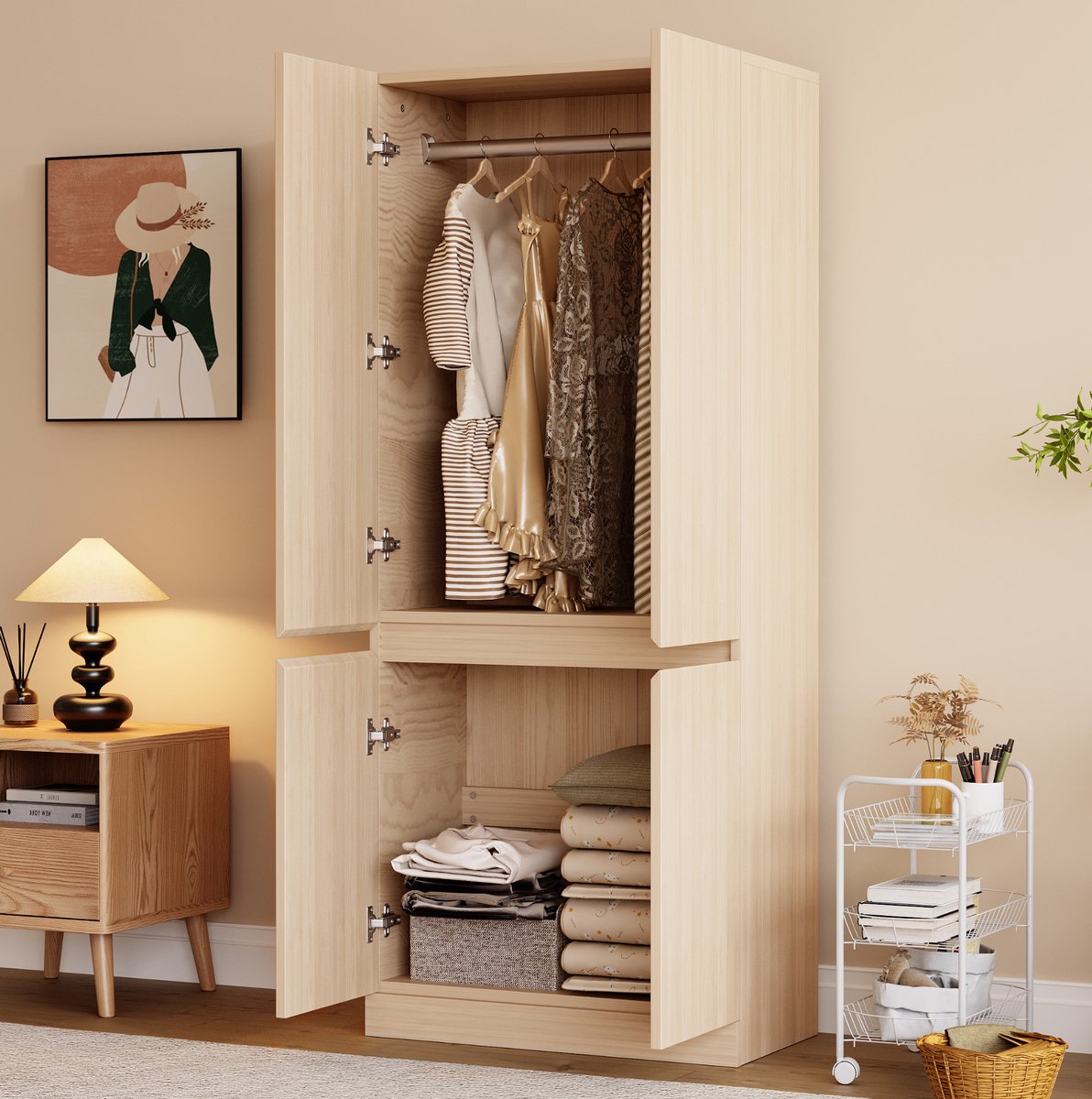 MEUNIQ Kledingkast 70 x 40 x 170 cm met dubbele deuren, hanggedeelte en ruim opbergvak, dichte kast voor slaapkamer, naturel Naturel hout