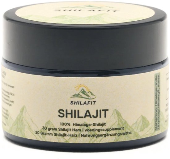 Potje zwarte Shilajit hars met deksel. Tekst op etiket: SHILAJIT 100% Himalaya-Shilajit, 30 gram.