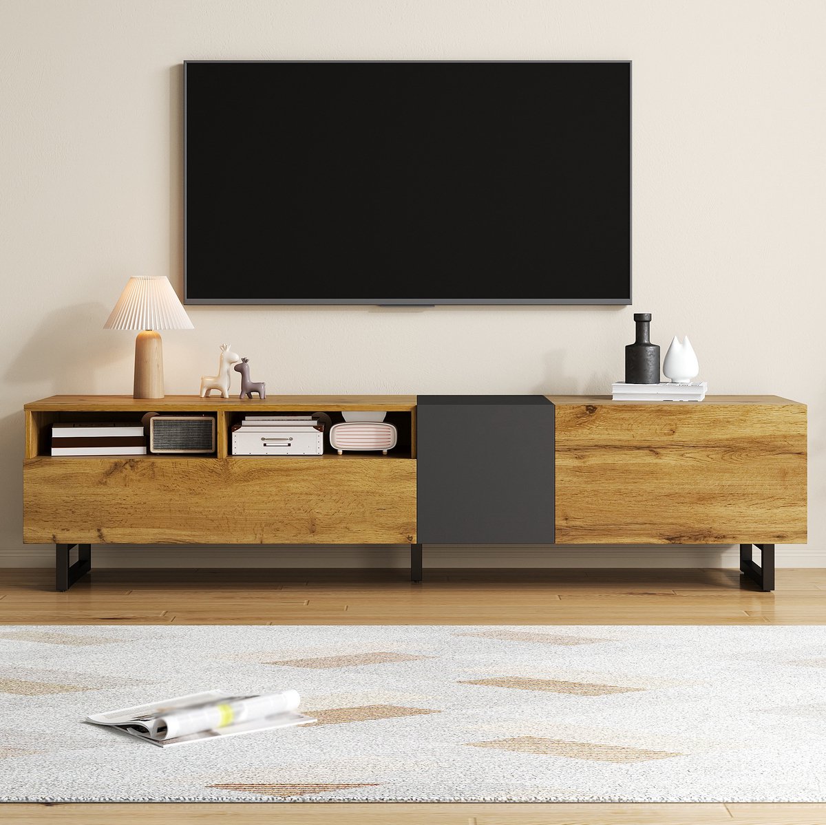MEUNIQ TV-meubel 170 x 36,5 x 42 cm met 3 deuren, klepdeur en 2 open vakken, dressoir voor woonkamer, antiek donkergrijs en naturel