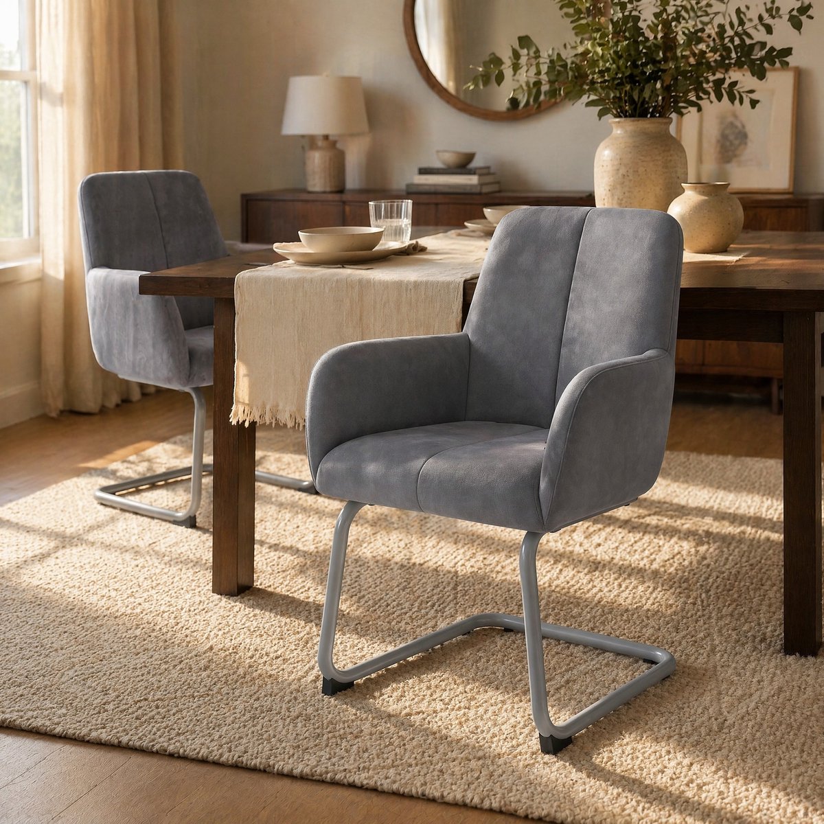 MIVRAY Eetkamerstoel 45 x 51 x 86 cm - Set van 2 Met Armleuningen En Ergonomisch Comfort - Voor Eetkamer En Woonkamer - Leer Grijs