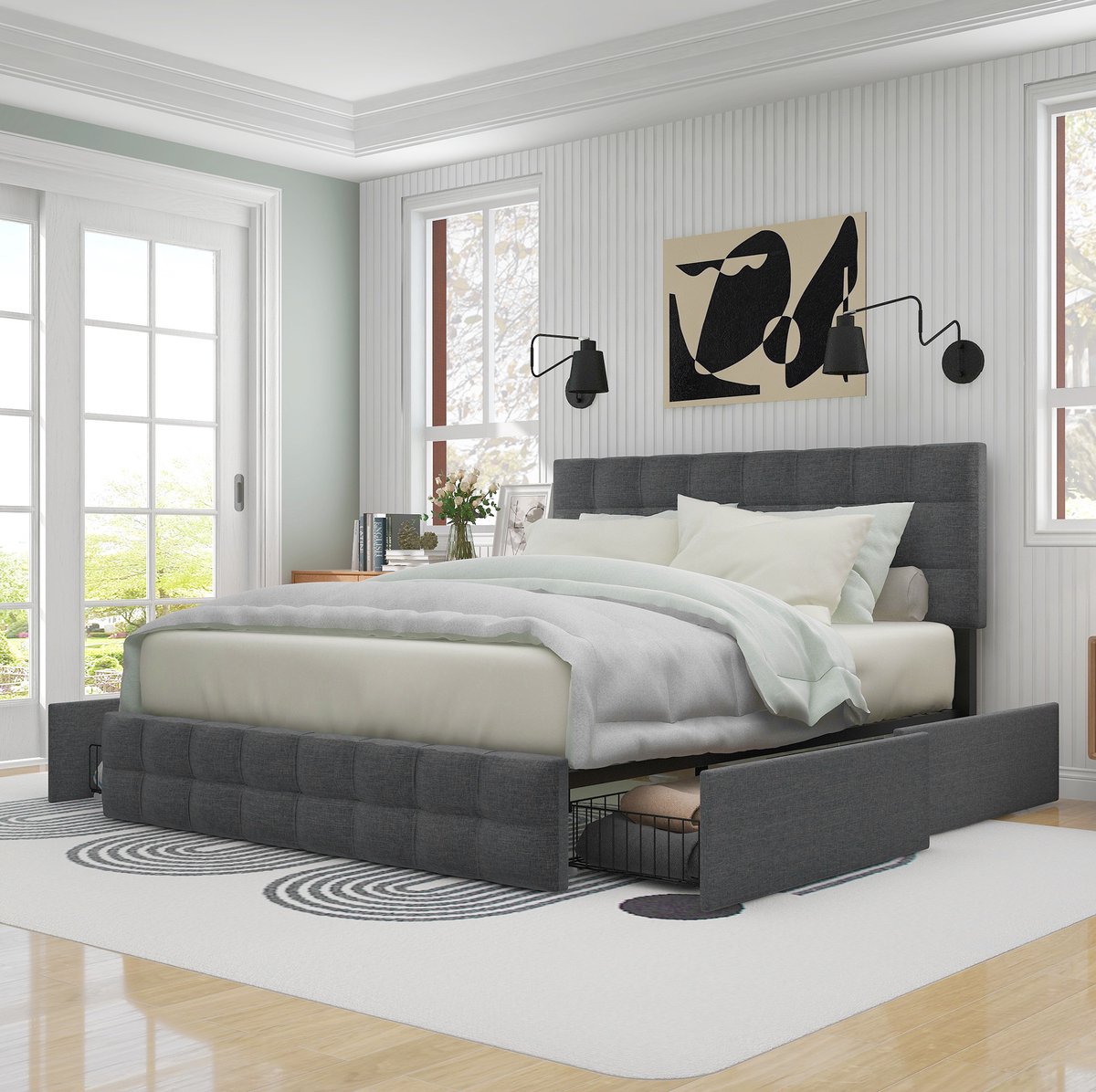 MEUNIQ tweepersoons gestoffeerd bed 140x200 cm met 4 lades, lattenbodem, verstelbaar hoofdbord, opbergruimte voor slaapkamer, grijs