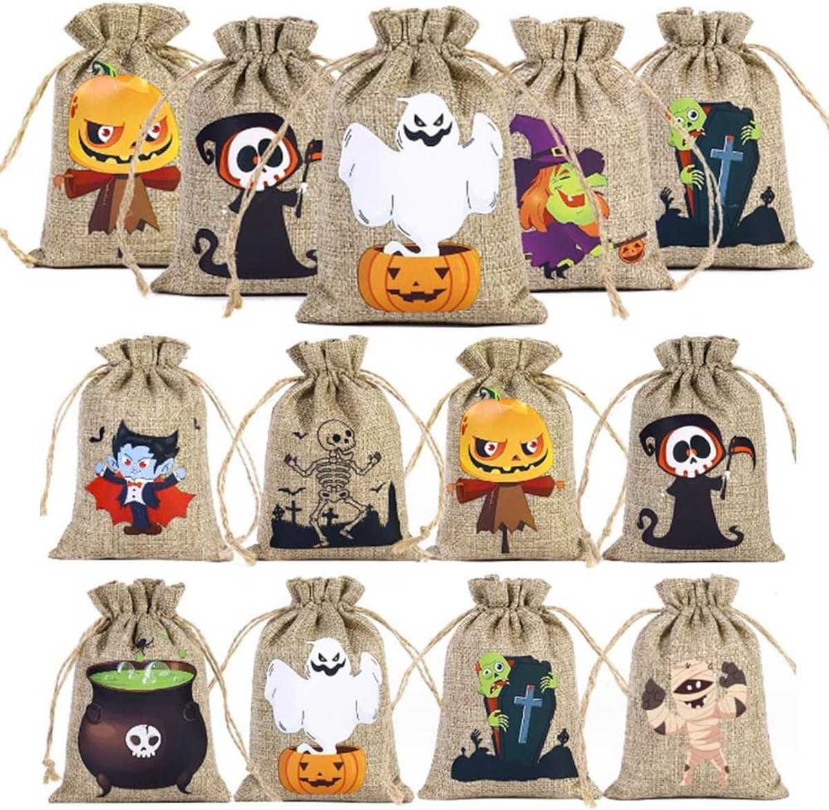 Halloween Linnen Zak met Touwsluiting, Jute Tas voor Snoep, Cadeautjes, Sieraden en Knutselprojecten