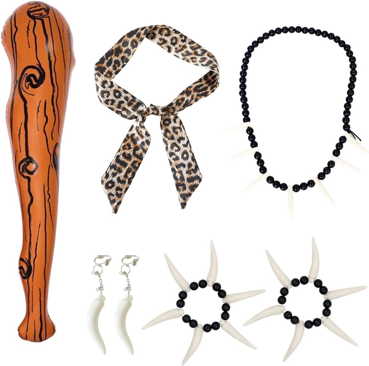 6-delige Wild Caveman Kostuums met Opblaasbare Houten Stok, Ivoren Ketting, Armband en Accessoires voor een Prehistorisch Halloweenfeest