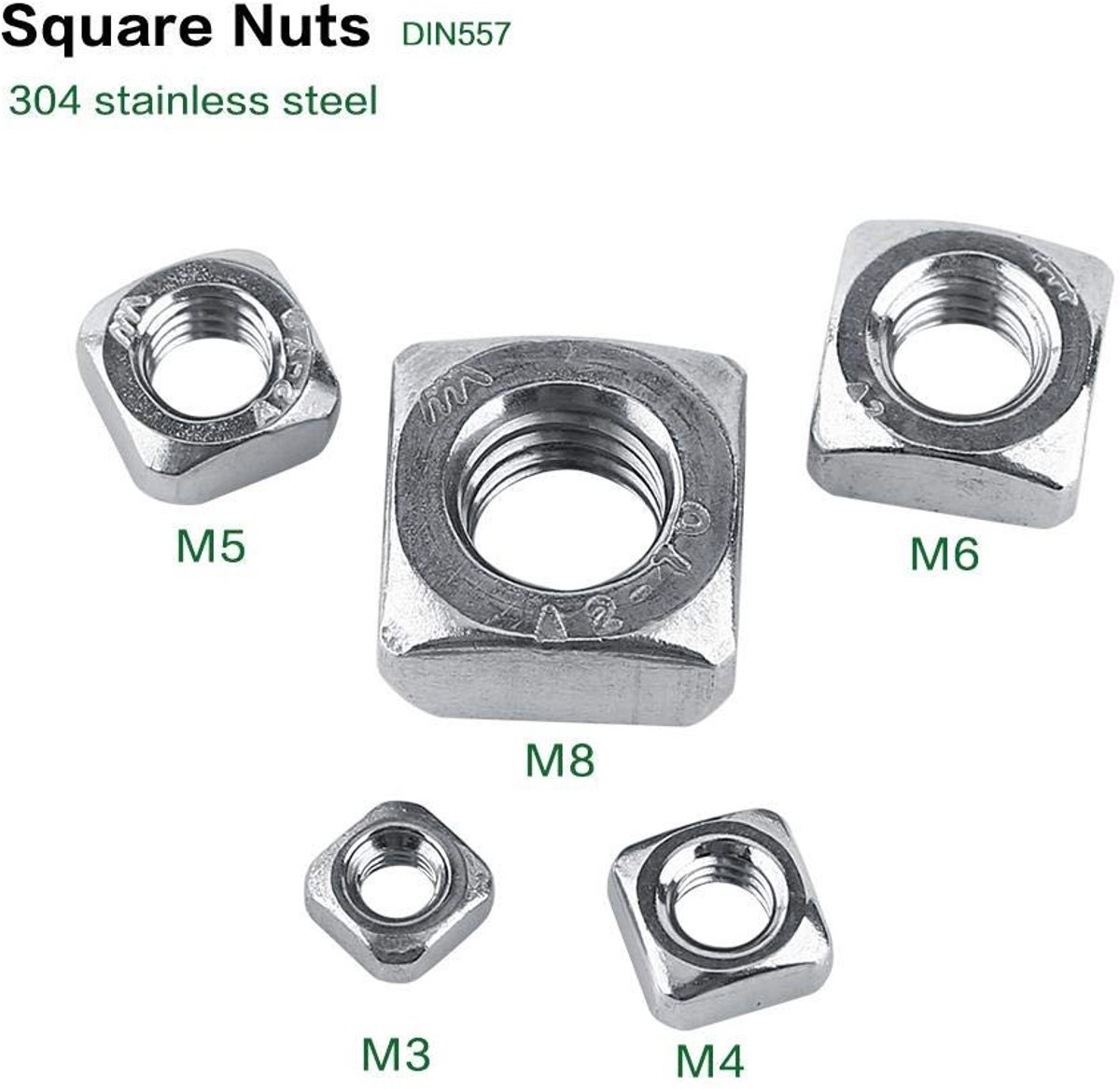 Dailygoods- Moeren Roestvrij Staal - Vierkante Moeren - Draadmoeren - Bevestigingsgereedschap - M3/M4/M5/M6/M8 - 100 Stuks - Bevestigingsmoeren